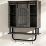 Farmhouse Industrial Wall Mounted Bathroom Cabinet with Sliding Fluted Door, 3‑Tier Storage Organizer with Towel Hooks, for Bathroom Kitchen Laundry Room - Image 5