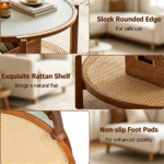Walnut Boho 2‑Tier Round Coffee Table, PE Rattan Accent Side Table with Tempered Glass Top, Solid Acacia Wood Center Table with Storage Shelf for Living Room Apartment Balcony - Image 4