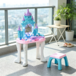Multicolor Girls Vanity Set – Castle Design Makeup Table with Mirror, Stool, Light, Music for 3-6 Years Old - Image 8