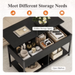 Lift Top Coffee Table with Storage 39" Center Table with Hidden Compartment & 2 Shelves Farmhouse, Wood Coffee Table for Living Room with Sturdy Lift-Top Adjustable Feet Black (Shipment from Walmart) - Image 4