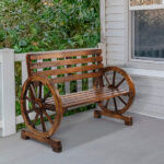 Replace 28138436 Rustic 2-Person Wooden Wagon Wheel Bench with Slatted Seat and Backrest, Brown