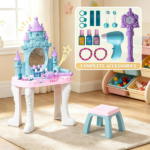 Multicolor Girls Vanity Set – Castle Design Makeup Table with Mirror, Stool, Light, Music for 3-6 Years Old - Image 5