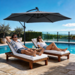 10FT Round Banana Hanging Patio Umbrella with 18 LED Lights, 6 Iron Ribs, Iron Straight & Curved Pole, Waterproof Polyester Canopy, with Stand Sleeve and Cross Base, Gray - Image 27