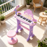 Pink 32-Key Kids Toy Piano: Princess Style with Stool, MP3, Record, Flashing Lights & Microphone - Image 7