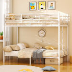 White Twin Bunk Bed Square Tube High Guardrail Side Ladder Opening Iron Bed - Image 12