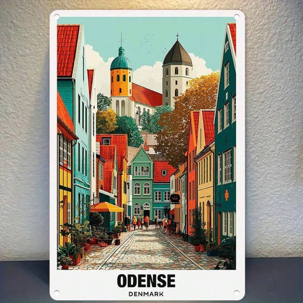 CIFbuy 1pc Retro Metal Tin Sign Odense Denmark, Vintage Travel Poster Wall Art, Colorful Cobblestone Street Decor, Durable Iron Art For TikTok, TikTok, Colorful Cobblestone Street Decor Self-pickup Logiopics
