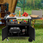 Outdoor Grill Cart with Storage, Rolling Bar Cart Movable Kitchen Island for BBQ, Patio Dining Cart Table for Food Prep with Wheels Hooks Foldable Top - Image 10