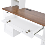 Farmhouse Arched Computer Desk with Hutch, Mid-Century Walnut Home Office Workstation with Charging Station & Keyboard Tray, All-in-One Writing Desk with File Drawer for Study, Office, White - Image 15