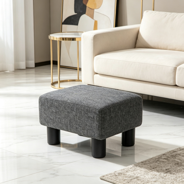 480438dd-54b6-4c23-8cb0-464b7c946dda.png Small Charcoal Gray Linen Foot Stool – Cube Ottoman Foot Rest with Sturdy Plastic Legs for Cozy Seating - Image 1