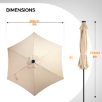 9ft Solar Patio Umbrella with LED Lights, Outdoor Market Table Umbrella with Push Button Tilt & Crank, 6 Ribs Waterproof Polyester Deck Umbrella for Garden, Backyard, Pool, Beige - Image 3
