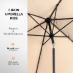9ft Solar Patio Umbrella with LED Lights, Outdoor Market Table Umbrella with Push Button Tilt & Crank, 6 Ribs Waterproof Polyester Deck Umbrella for Garden, Backyard, Pool, Beige - Image 4