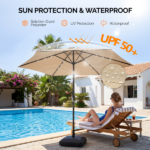 9ft Solar Patio Umbrella with LED Lights, Outdoor Market Table Umbrella with Push Button Tilt & Crank, 6 Ribs Waterproof Polyester Deck Umbrella for Garden, Backyard, Pool, Beige - Image 5