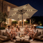 9ft Solar Patio Umbrella with LED Lights, Outdoor Market Table Umbrella with Push Button Tilt & Crank, 6 Ribs Waterproof Polyester Deck Umbrella for Garden, Backyard, Pool, Beige - Image 6