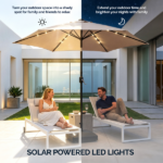 9ft Solar Patio Umbrella with LED Lights, Outdoor Market Table Umbrella with Push Button Tilt & Crank, 6 Ribs Waterproof Polyester Deck Umbrella for Garden, Backyard, Pool, Beige - Image 7