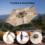 9ft Solar Patio Umbrella with LED Lights, Outdoor Market Table Umbrella with Push Button Tilt & Crank, 6 Ribs Waterproof Polyester Deck Umbrella for Garden, Backyard, Pool, Beige - Image 8