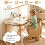 6-in-1 Kids Adjustable Height Sensory Activity Table with Chair, Natural Pine Wood Water Sand Play Table Building Block Art Craft Center for Toddlers 3+ Years Old - Image 7