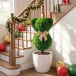 2 Pack Whimsical Bear Topiary Trees Artificial Boxwood Greenery with Golden Bows for Indoor Outdoor Spring Decor - Image 2