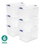 Large Latching Storage Bin, 66 Quart Clear Plastic Storage Container with Clear Lid, Blue Latch, 6 Pack (Shipment from Walmart)