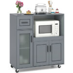 Gray Kitchen Island Cart with Microwave Shelf, Drawer & 2-Door Cabinet, 360° Swivel Casters