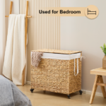 160L 3-Section Laundry Hamper with Lid and Wheels, Woven Natural Water Hyacinth Rolling Laundry Hamper - Image 7