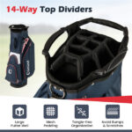 14-Way Golf Cart Bag - 6 Zippered Pockets+Cooler Pocket, Waterproof Zippers, Navy + Red - Image 5