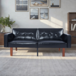 Modern PU Leather Futon Sofa with Tufted Backrest, Adjustable Reclining Couch with Wood & Metal Legs, Mid-Century Style Sofa for Living Room - Image 7