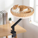 360° Rotatable Desktop Cat Bed Perch, 2-in-1 Workspace Cat Retreat with Jingling Ball (Natural + Black + White) - Image 2