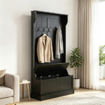 Black 3-In-1 Entryway Bench Coat Rack Hall Tree with Shoe Storage 5 Hooks for Hallway - Bench And Storage Furniture - Image 5