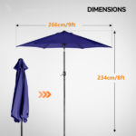 9ft Patio Umbrella, Outdoor Market Umbrella with Push Button Tilt, Crank Handle, 6 Sturdy Iron Ribs, UPF 50+ Waterproof Polyester Canopy, KD Design for Garden, Deck, Backyard, Poolside, Navy Blue - Image 16