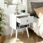 White P2 particleboard with solid wood legs, linen-textured melamine finish, and ring pull handle. 38*30*55cm. One drawer with a lower compartment. Bedside table. 1PC