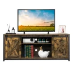 3-layer Double Barn Door with Sliding Rail X-shaped Panel TV Cabinet MDF with Triamine Retro Brown - Image 10