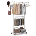 Extendable Double Rod Metal Clothing Rack with Wheels, Adjustable Height Garment Rack