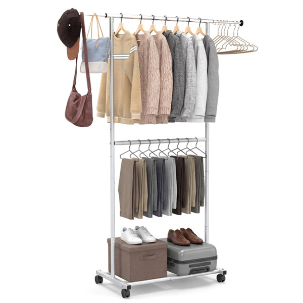 49356625_1 Extendable Double Rod Metal Clothing Rack with Wheels, Adjustable Height Garment Rack - Image 1