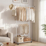 Extendable Double Rod Metal Clothing Rack with Wheels, Adjustable Height Garment Rack - Image 3
