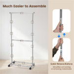Extendable Double Rod Metal Clothing Rack with Wheels, Adjustable Height Garment Rack - Image 6