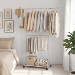 Extendable Double Rod Metal Clothing Rack with Wheels, Adjustable Height Garment Rack - Image 8