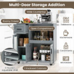 Gray Kitchen Island Cart with Microwave Shelf, Drawer & 2-Door Cabinet, 360° Swivel Casters - Image 4