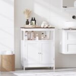 Modern Storage Cabinet with Double Doors, Free-Standing Bathroom Cabinet with Adjustable Shelf and Natural Wood Top, Multi-Purpose Organizer for Kitchen, Living Room, Bathroom or Entryway – White - Image 2
