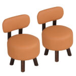 2-Piece Orange Small Footstools, Faux Leather Upholstery & Solid Rubber Wood Legs, 330LBS Load Capacity - Image 6