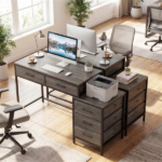 5 Drawer Computer Desk with Reversible Drawers & Printer Shelf, Industrial Home Office Writing Desk with Metal Frame - Oak - Image 8