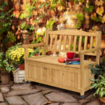 Outdoor Wooden Storage Bench, Large Deck Box with Seating & Armrest, Patio Organizer Loveseat for Garden Porch Deck Backyard Poolside - Image 14