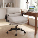 Criss Cross Chair with Flip-Up Arms, Faux Leather Cross Legged Office Chair with Adjustable Height & Rocking Function -Beige - Image 9