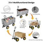 3-in-1 Oversized Steel Garden Cart , 880lbs Pullable Mesh Metal Garden Cart, All-Terrain Utility Cart with Removable Liner & Side Panels & Mesh Tray for Outdoor Lawn, Patio and Landscaping, Gray - Image 2