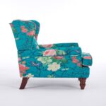 Modern Accent Chair with Retro Wood Legs, Comfy Upholstered Armchair, Floral Design Single Sofa Chair for Living Room Bedroom Office - Floral Cyan - Image 14