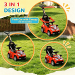 Red 3 in 1 Kids Push & Sliding Car: with Removable Handle, Music, Horn, Canopy & Safety Guardrail for Toddlers - Image 7