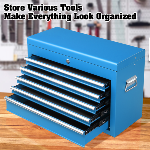 5-Drawer Lockable Steel Tool Chest, 330 lbs Capacity, Blue Heavy-Duty Tool Storage Cabinet with Drawer Liners & Lid Support for Workshop/Garage Maintenance