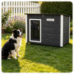 34" x 20" x 25" Outdoor Dog House with Sloped Asphalt Roof, Elevated Floor & Openable Roof Weatherproof Pet Kennel with PVC Door Curtain for Medium Large Dogs Gray - Image 2