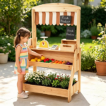 2-in-1 Kids Outdoor Mud Kitchen & Farmers Market Stand, Carbonized Fir Wood Pretend Grocery Store with 25 Pcs Play Food Accessories Double Chalkboards Planter Box - Image 8