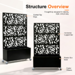 70.87" H × 46.06" W Leaf Pattern Privacy Screen with Planter Box, Black Metal Freestanding Decorative Fence Planter for Patio Balcony Backyard - Image 2