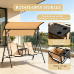 Beige 2-Seat Porch Swing with Adjustable Canopy, Built-in Storage Table & Cup Holders for Backyard - Image 6